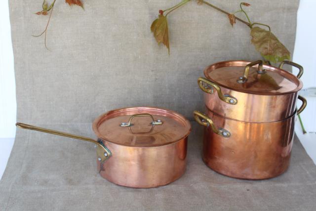 photo of vintage French copper cookware, stockpot, sauce pan w/ lid, brass handles #5