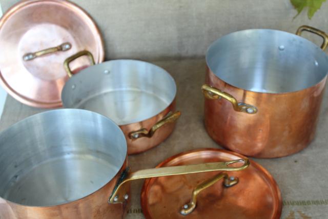 photo of vintage French copper cookware, stockpot, sauce pan w/ lid, brass handles #7