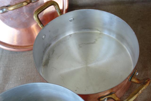 photo of vintage French copper cookware, stockpot, sauce pan w/ lid, brass handles #9