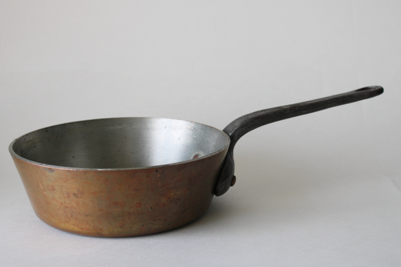 photo of vintage French copper pan, very heavy saucepan w/ iron handle, thick wall solid copper  #1