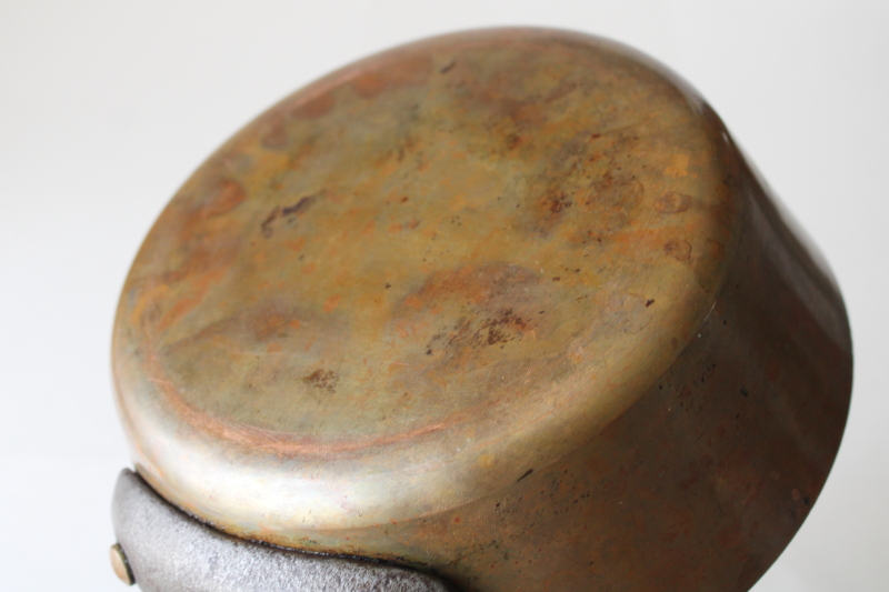 photo of vintage French copper pan, very heavy saucepan w/ iron handle, thick wall solid copper #4