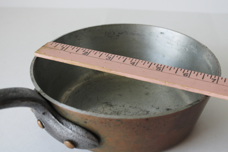 photo of vintage French copper pan, very heavy saucepan w/ iron handle, thick wall solid copper #6
