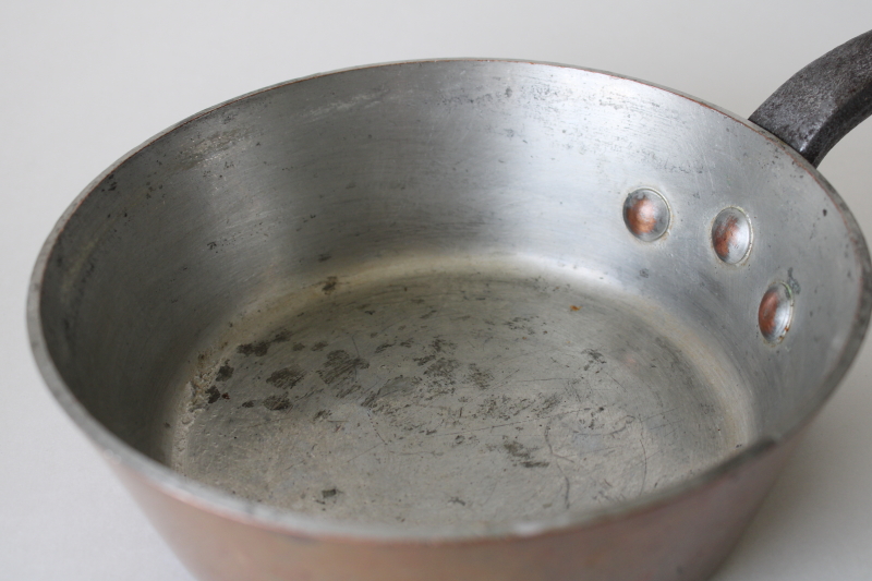 photo of vintage French copper pan, very heavy saucepan w/ iron handle, thick wall solid copper #7