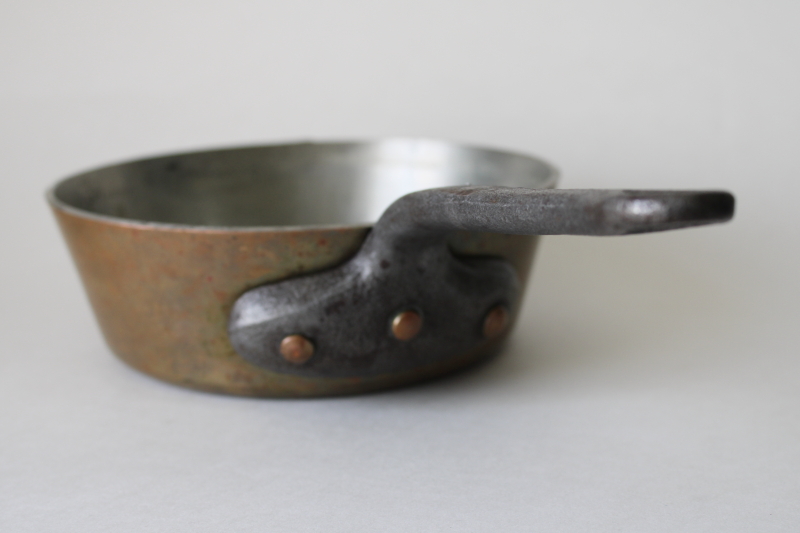 photo of vintage French copper pan, very heavy saucepan w/ iron handle, thick wall solid copper #8