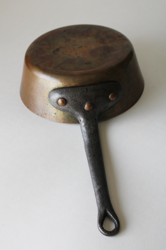 photo of vintage French copper pan, very heavy saucepan w/ iron handle, thick wall solid copper #11