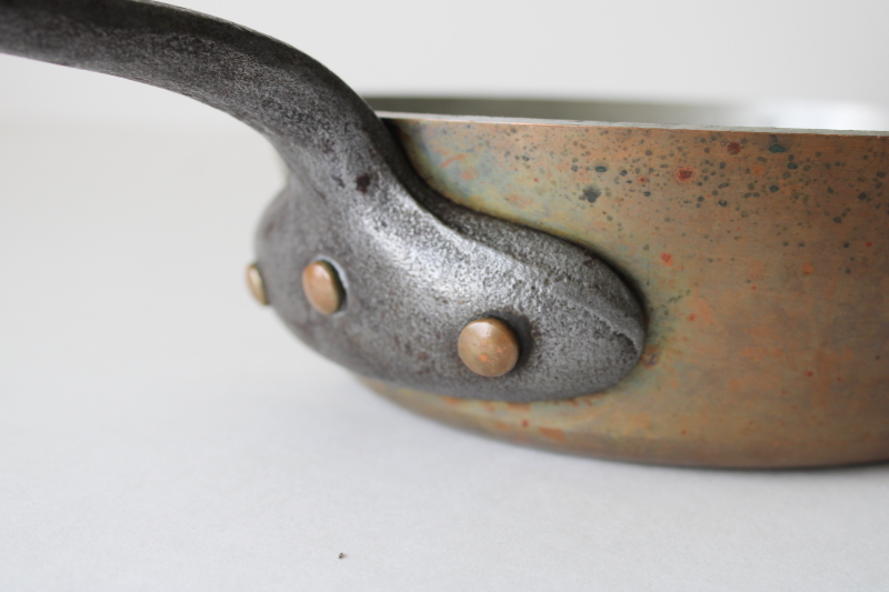 photo of vintage French copper pan, very heavy saucepan w/ iron handle, thick wall solid copper #12