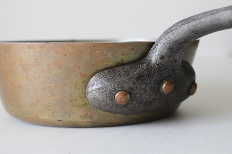 photo of vintage French copper pan, very heavy saucepan w/ iron handle, thick wall solid copper #13