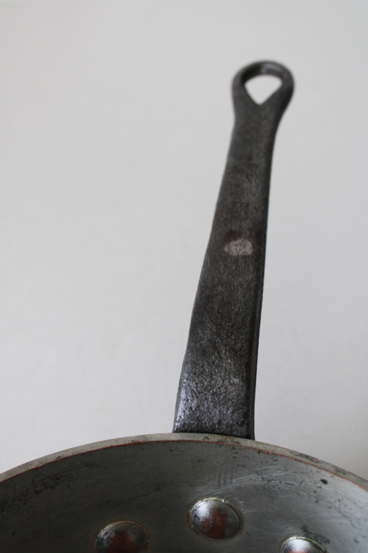 photo of vintage French copper pan, very heavy saucepan w/ iron handle, thick wall solid copper #14