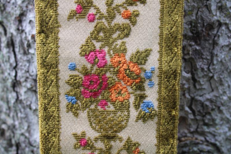 photo of vintage French cotton tapestry bell pull w/ tassel, flower baskets design #4