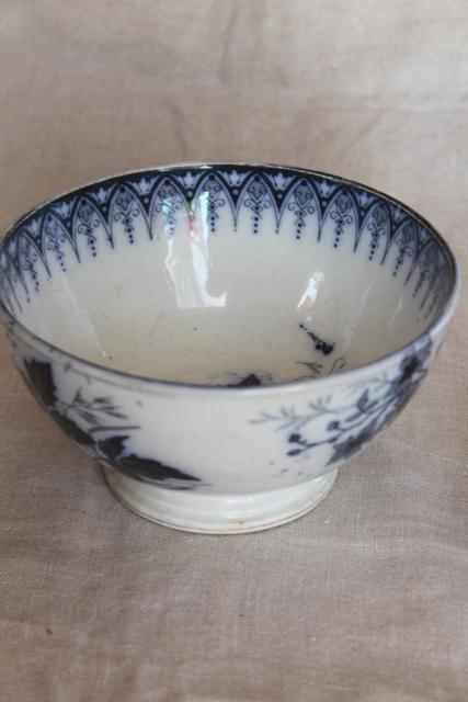 photo of vintage French flow blue footed bowl, Luneville France Julienne bramble pattern #11