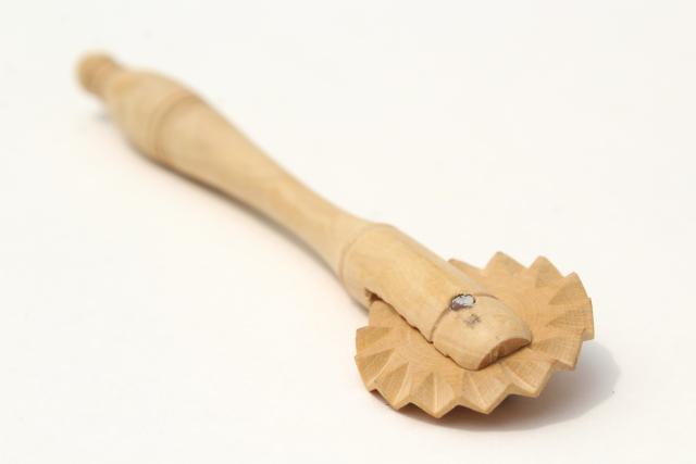 photo of vintage French hand carved wood pie crimper w/ rolling wheel, pastry bakers baking tool #6