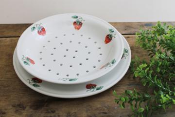 catalog photo of vintage French ironstone china berry basket bowl and plate, strawberries print