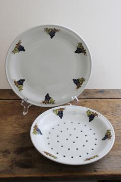 catalog photo of vintage French ironstone china fruit basket bowl and plate, grapes print