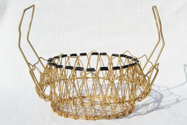 photo of vintage French kitchen colander steamer basket, folding collapsible wire basket #2