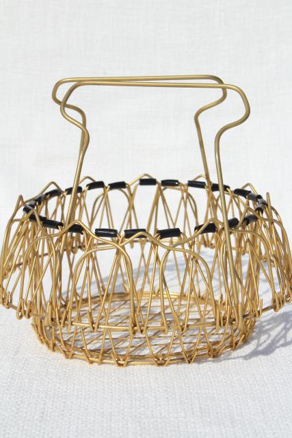 photo of vintage French kitchen colander steamer basket, folding collapsible wire basket #7