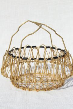 catalog photo of vintage French kitchen colander steamer basket, folding collapsible wire basket