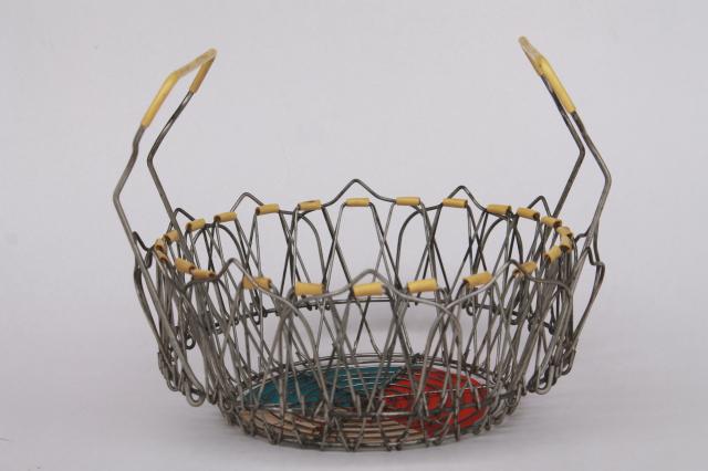 photo of vintage French kitchen colander steamer basket w/ original label, folding collapsible wire basket #4