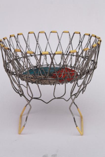 photo of vintage French kitchen colander steamer basket w/ original label, folding collapsible wire basket #9