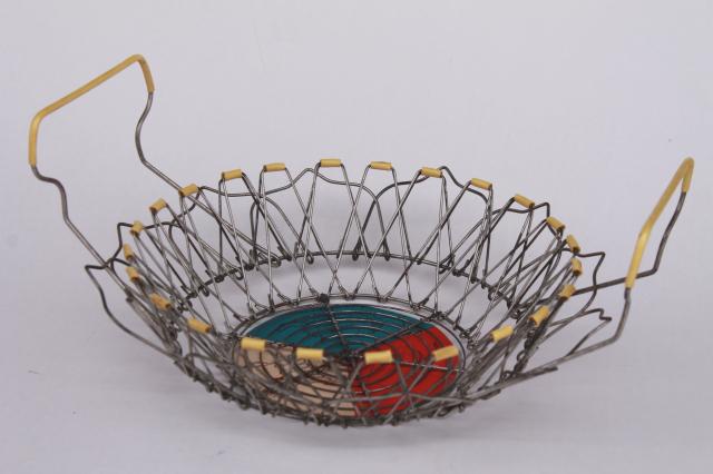 photo of vintage French kitchen colander steamer basket w/ original label, folding collapsible wire basket #11