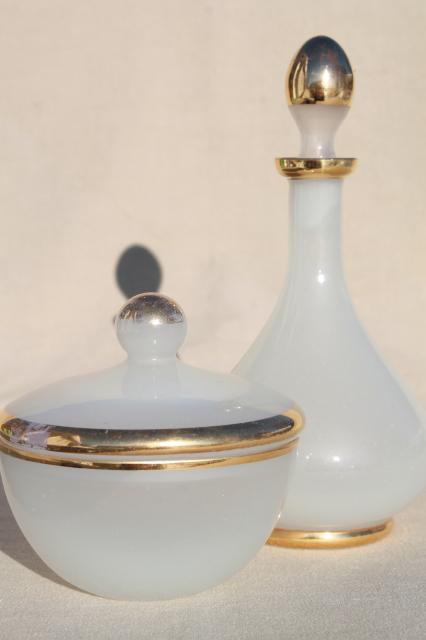 photo of vintage French opaline white opalescent glass powder puff box & perfume bottle #1