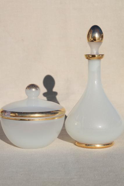 photo of vintage French opaline white opalescent glass powder puff box & perfume bottle #4