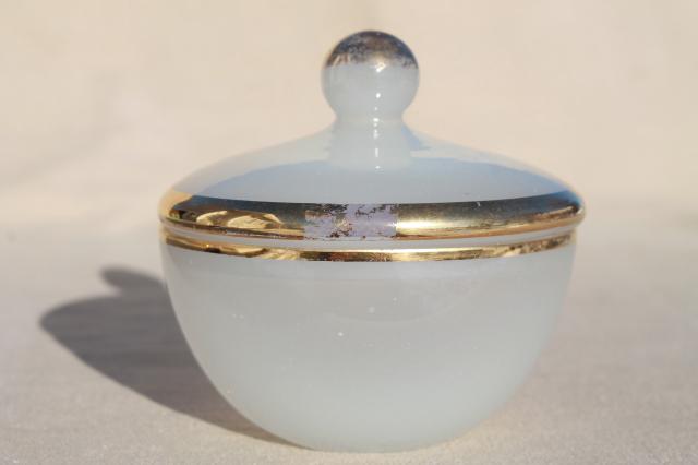 photo of vintage French opaline white opalescent glass powder puff box & perfume bottle #10