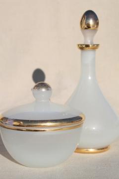 catalog photo of vintage French opaline white opalescent glass powder puff box & perfume bottle