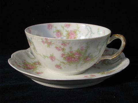 photo of vintage French porcelain cups & saucers, old pink floral Haviland - Limoges china #2