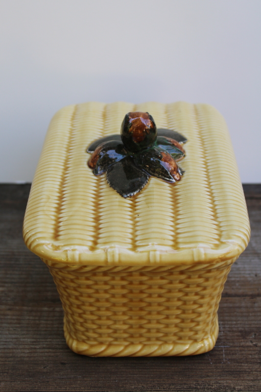 photo of vintage French pottery covered dish, majolica basket loaf shape terrine or bread box  #2
