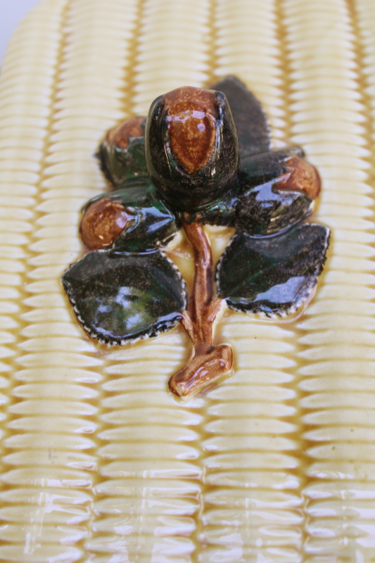 photo of vintage French pottery covered dish, majolica basket loaf shape terrine or bread box  #3