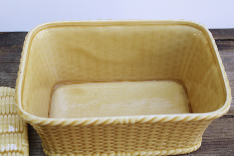 photo of vintage French pottery covered dish, majolica basket loaf shape terrine or bread box  #4