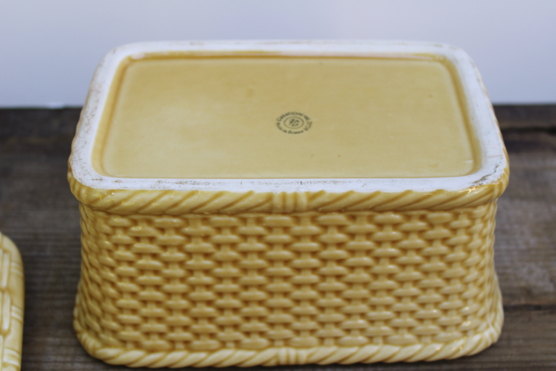 photo of vintage French pottery covered dish, majolica basket loaf shape terrine or bread box  #5
