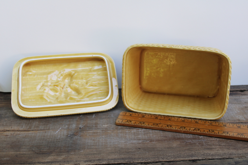 photo of vintage French pottery covered dish, majolica basket loaf shape terrine or bread box  #7
