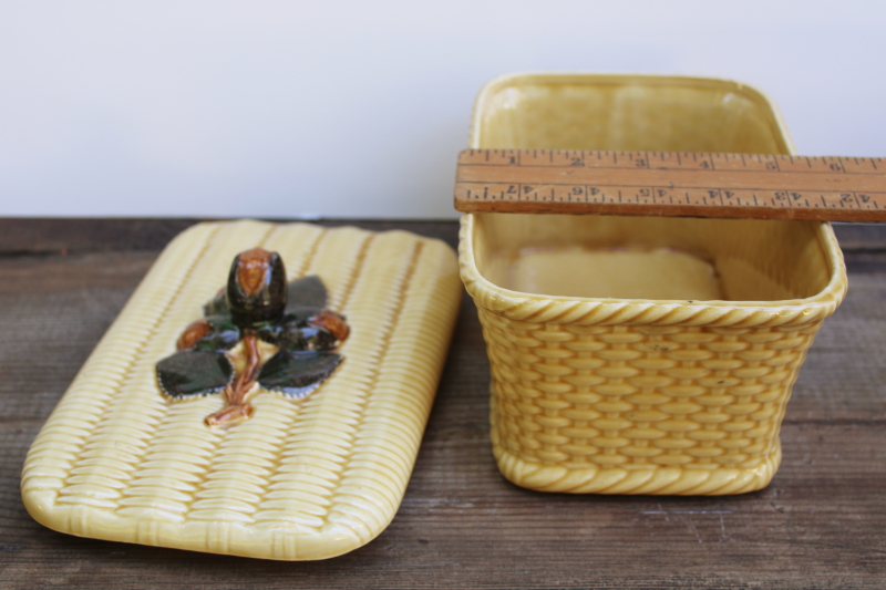 photo of vintage French pottery covered dish, majolica basket loaf shape terrine or bread box  #9