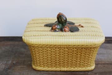 catalog photo of vintage French pottery covered dish, majolica basket loaf shape terrine or bread box 