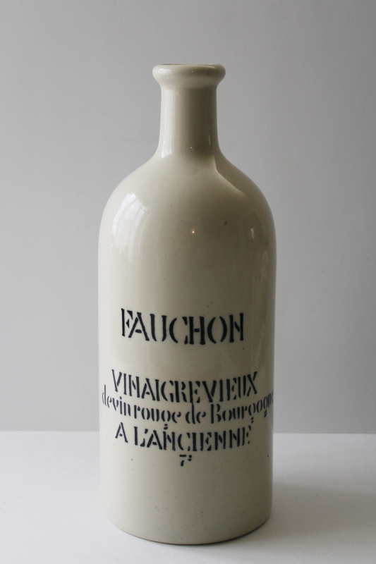 photo of vintage French stoneware bottle marked for Fauchon Burgundy wine vinegar, Bormier Dijon #1