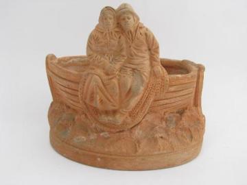 catalog photo of vintage French terracotta pottery garden planter, fisherman figures, marked France