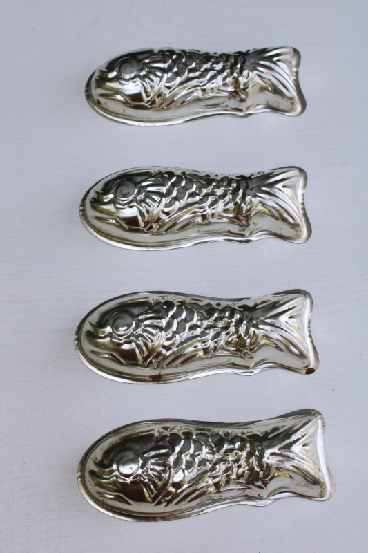 photo of vintage French tin molds, fish shaped molds for aspic, jello, chocolate, small cakes? #1