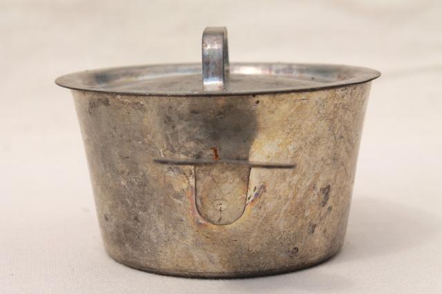 photo of vintage French tin pot w/ heart shaped handles, beautiful old zinc color tinning #3