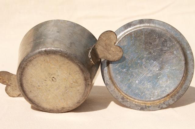 photo of vintage French tin pot w/ heart shaped handles, beautiful old zinc color tinning #5