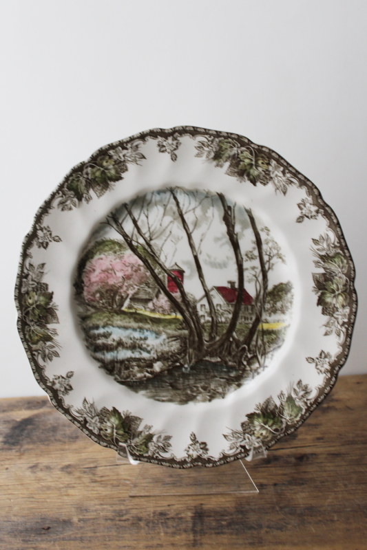 photo of vintage Friendly Village china Johnson Bros England large dinner plate Willow by the Brook #1