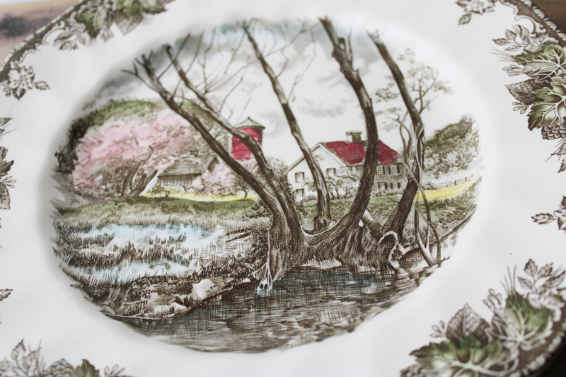 photo of vintage Friendly Village china Johnson Bros England large dinner plate Willow by the Brook #2