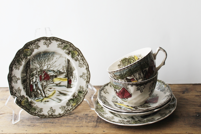 photo of vintage Friendly Village china Johnson Bros England tea cup saucer & plate trios #1