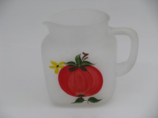 photo of vintage Gay Fad frosted glass tomato juice set, hand-painted glasses and pitcher #2