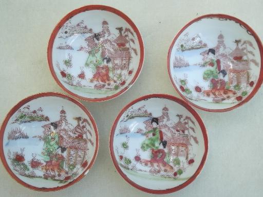 photo of vintage Geisha girl china condiment bowls & tray, hand-painted Made in Japan #7