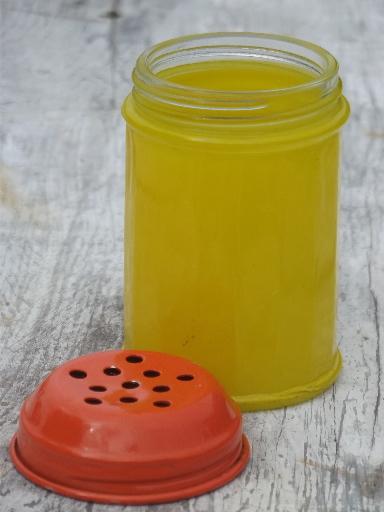 photo of vintage Gemco glass shaker, yellow glass jar w/ orange shaker lid #2