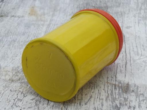 photo of vintage Gemco glass shaker, yellow glass jar w/ orange shaker lid #4