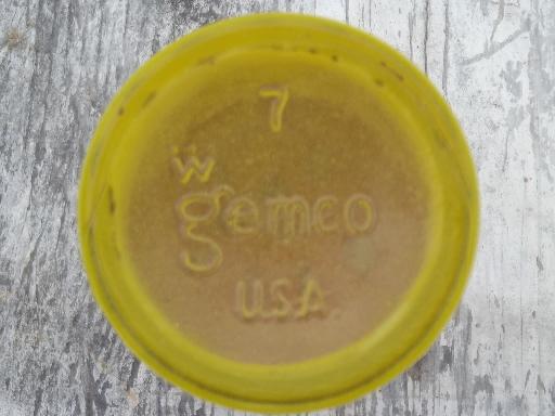 photo of vintage Gemco glass shaker, yellow glass jar w/ orange shaker lid #5