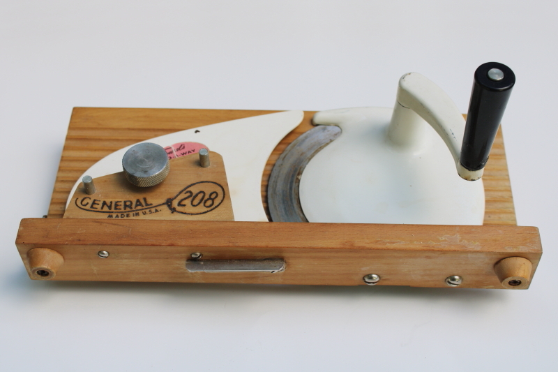 photo of vintage General 208 Fold A Way hand crank slicer, rare wood board base bread or meat slicer  #3