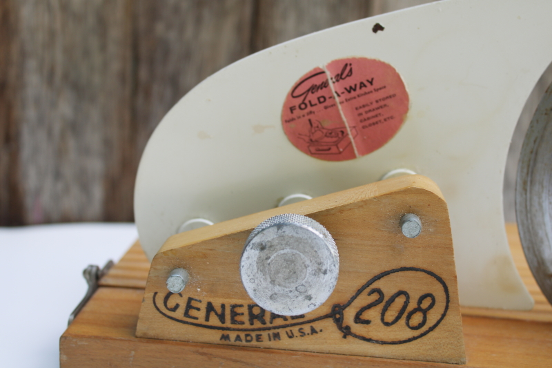 photo of vintage General 208 Fold A Way hand crank slicer, rare wood board base bread or meat slicer  #7